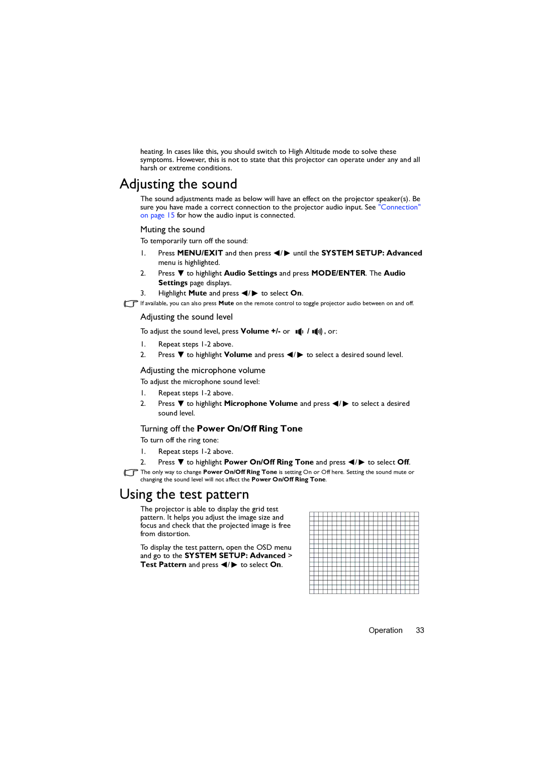 BenQ MW82IST user manual Adjusting the sound, Using the test pattern, Turning off the Power On/Off Ring Tone 