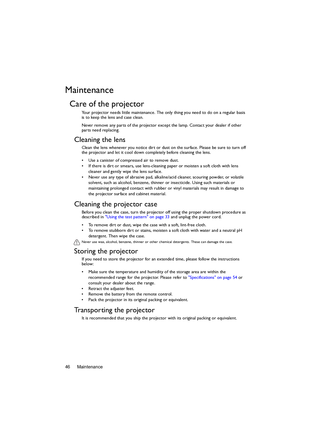 BenQ MW82IST user manual Maintenance, Care of the projector 