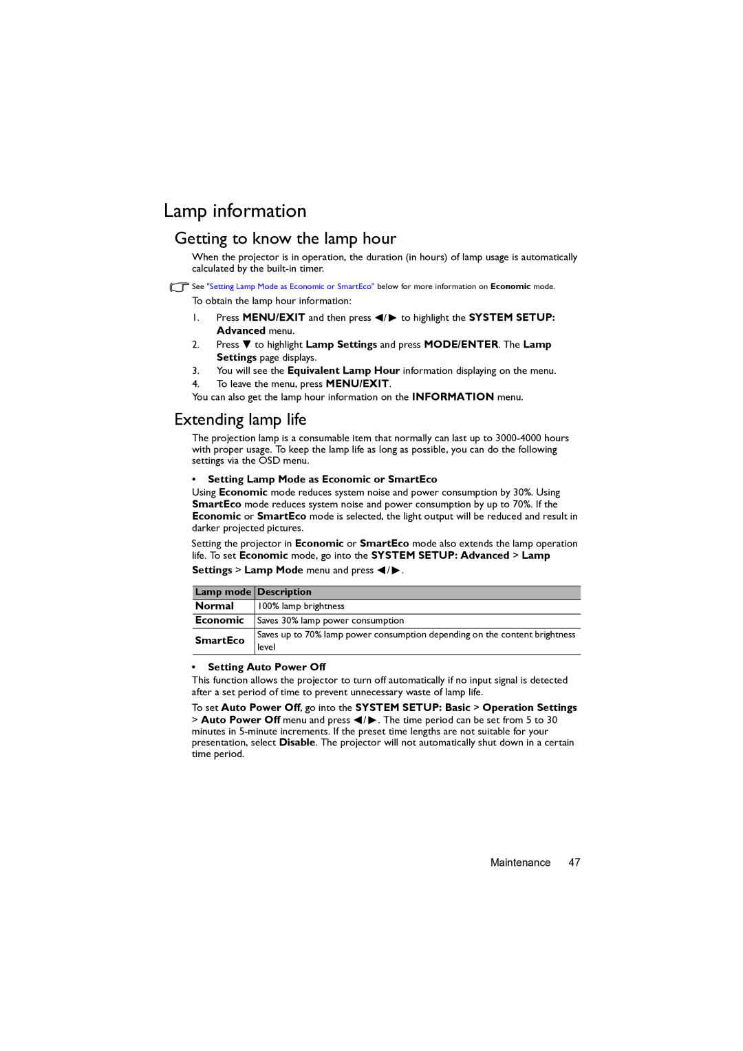 BenQ MW82IST user manual Lamp information, Getting to know the lamp hour, Extending lamp life 