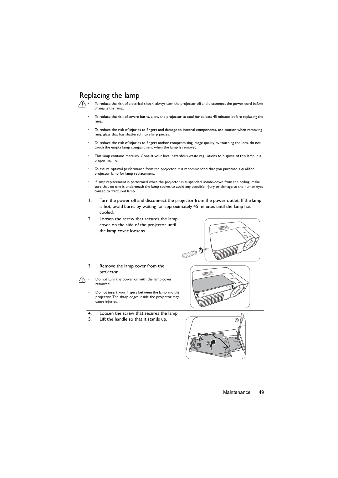 BenQ MW82IST user manual Replacing the lamp 