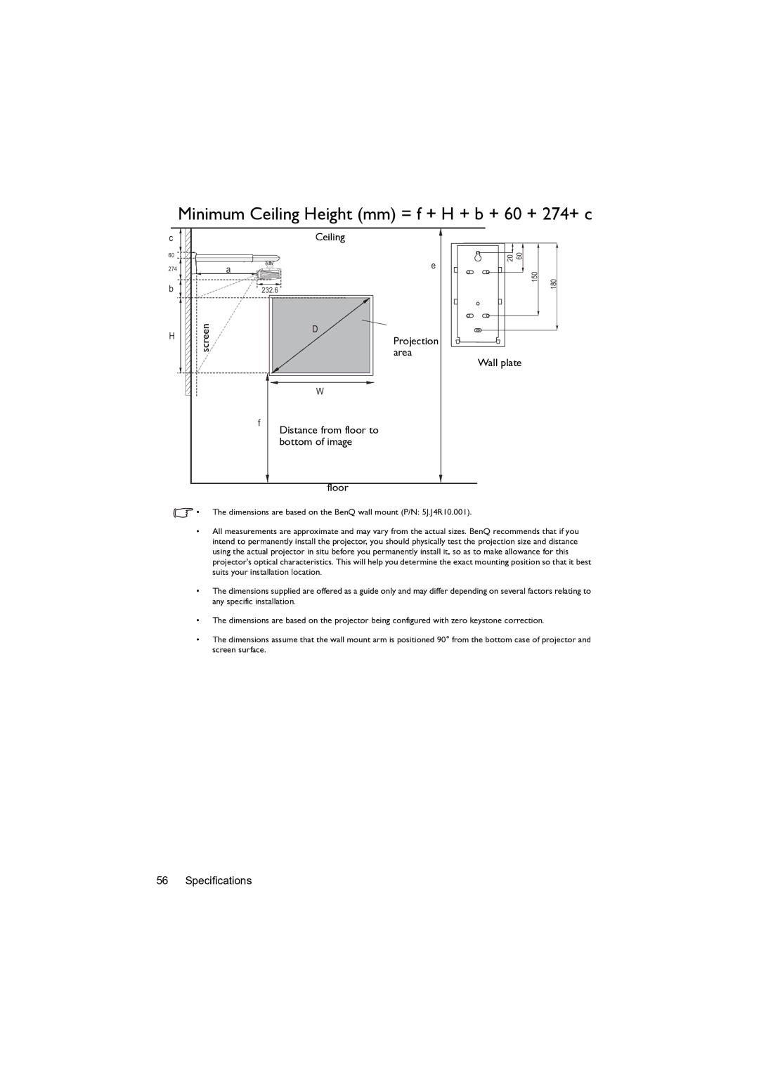 BenQ MW82IST user manual Minimum Ceiling Height mm = f + H + b + 60 + 274+ c, Wall plate 