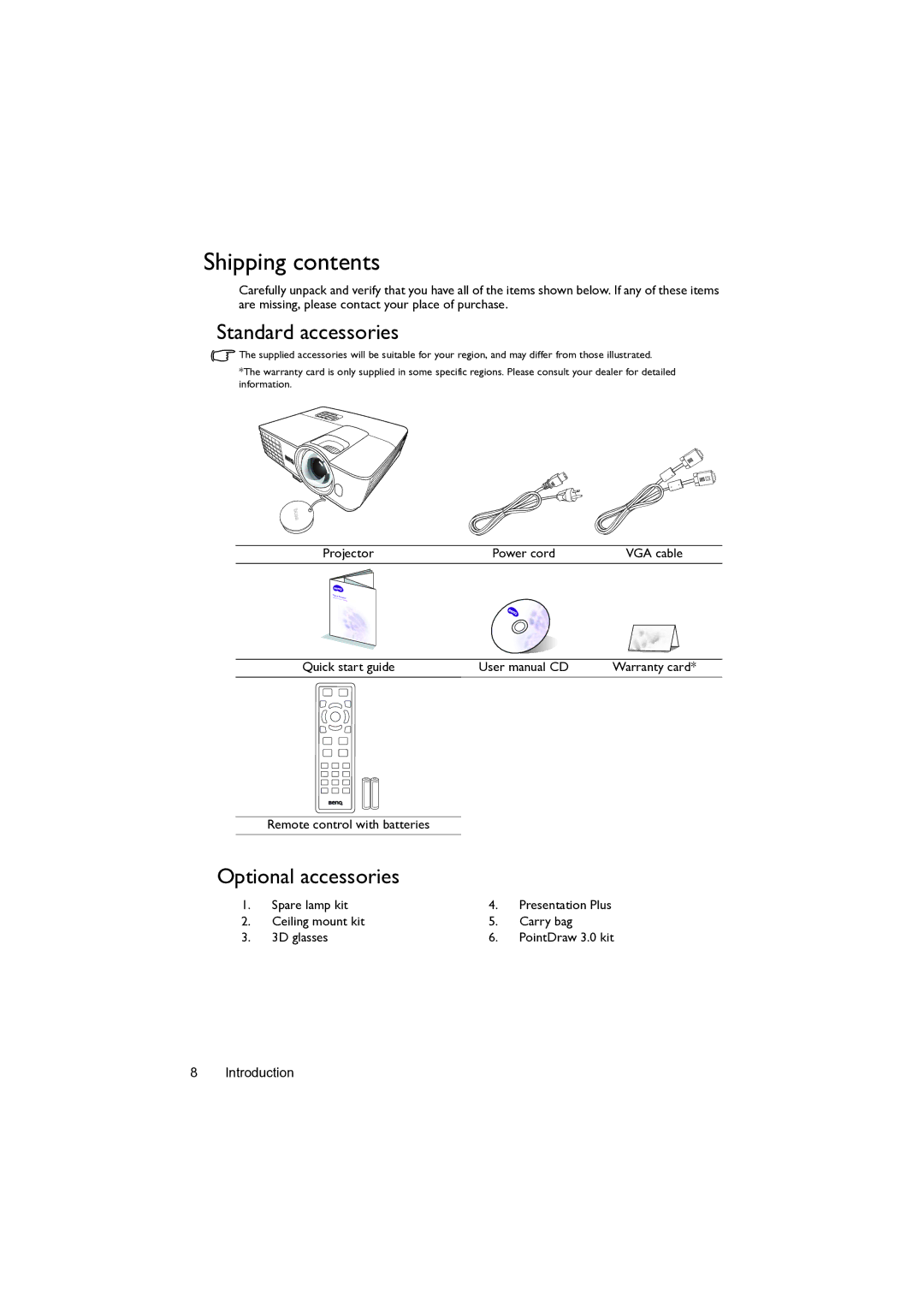 BenQ MW82IST user manual Shipping contents 