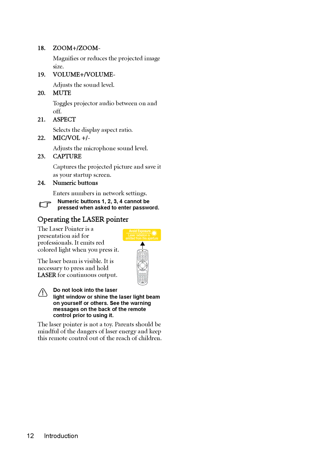 BenQ MW851UST, MX850UST user manual Operating the Laser pointer, Mute, Mic/Vol +, Numeric buttons 