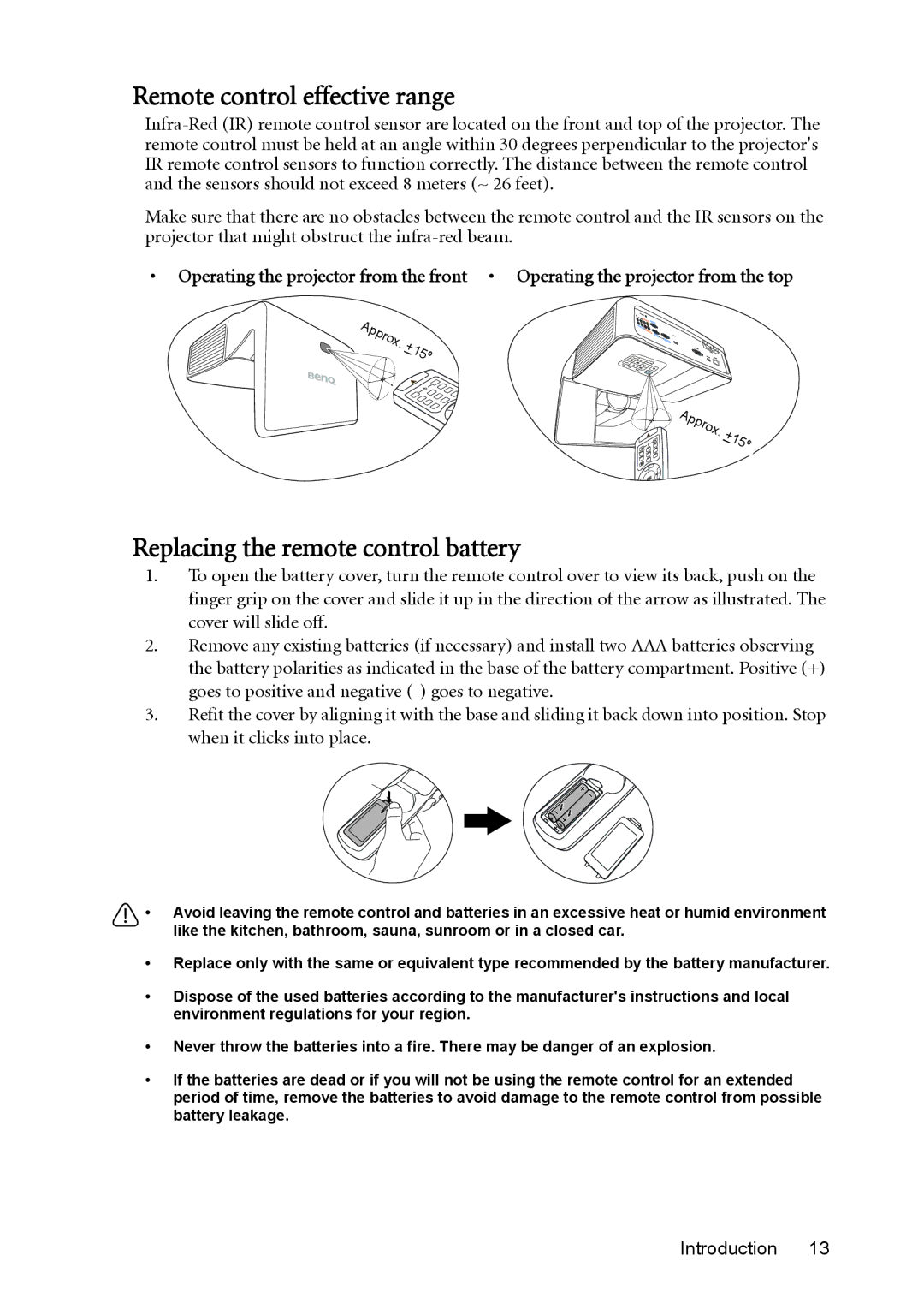 BenQ MX850UST, MW851UST user manual Remote control effective range, Replacing the remote control battery 