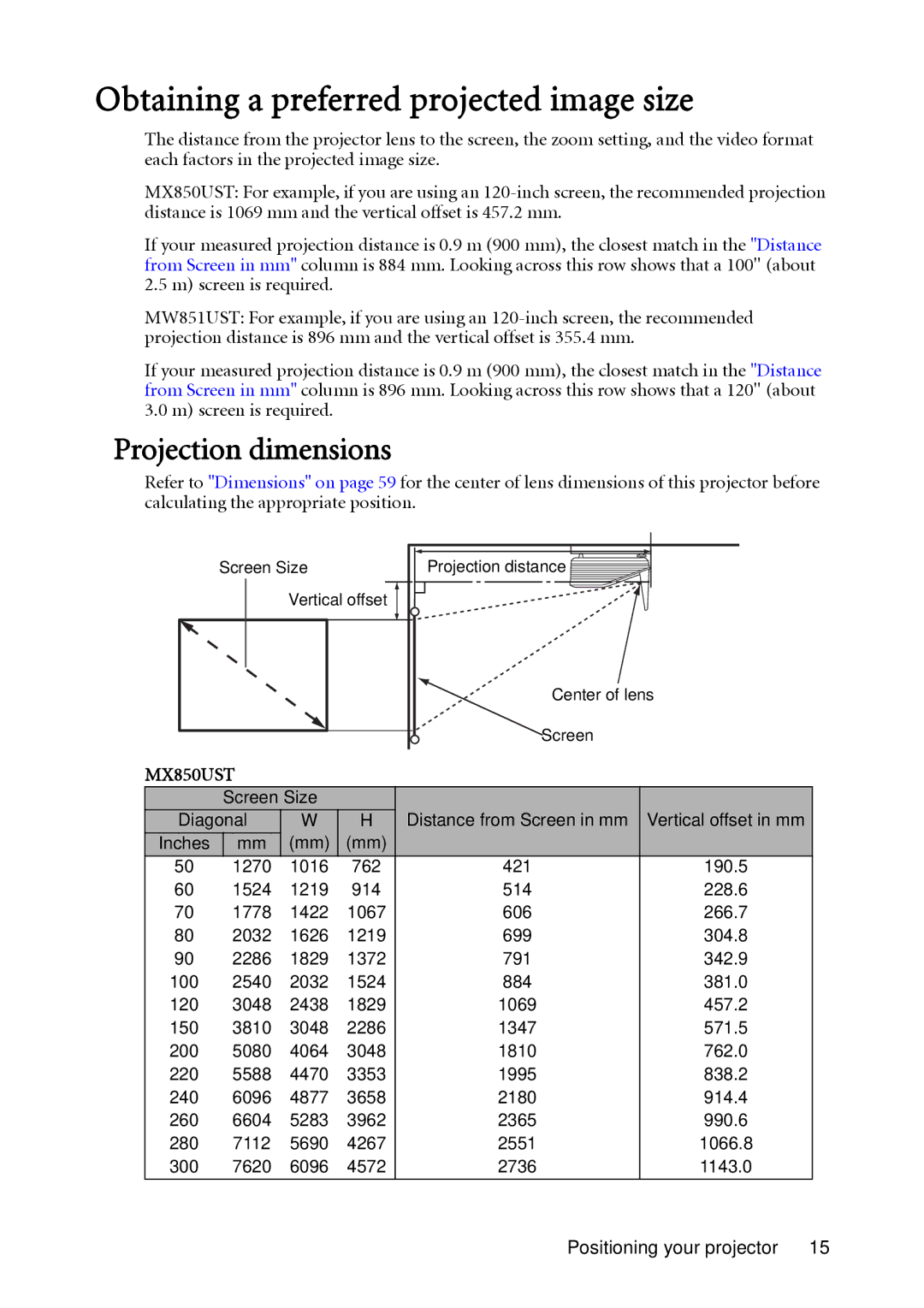 BenQ MX850UST, MW851UST user manual Obtaining a preferred projected image size, Projection dimensions 