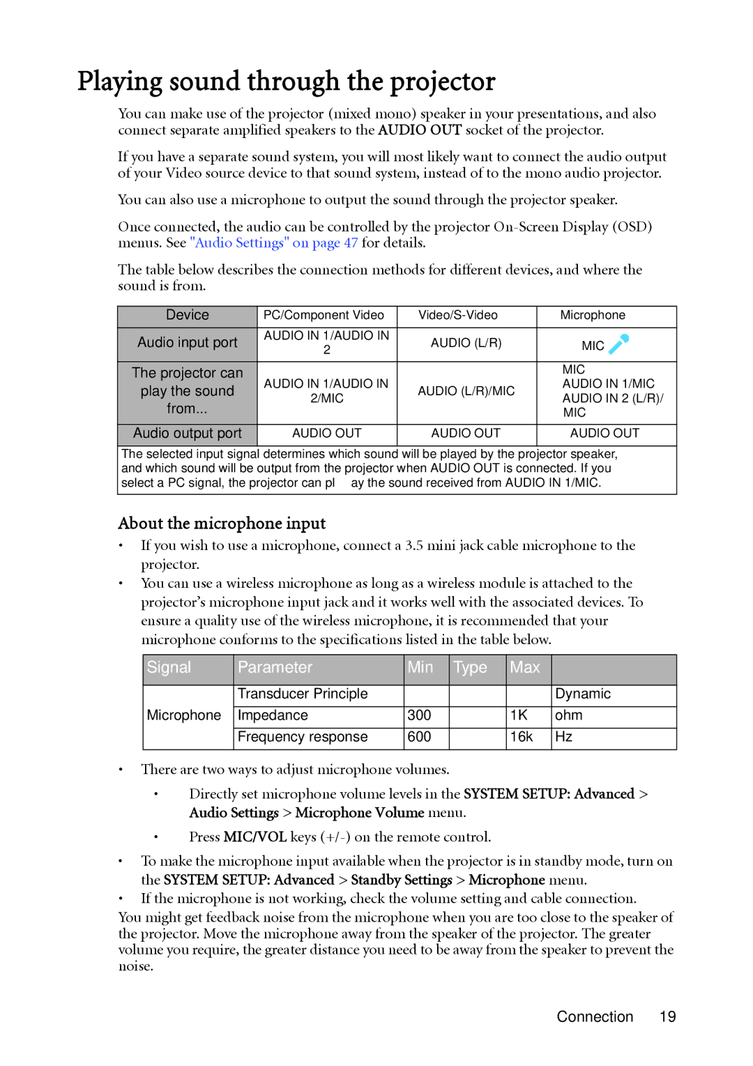 BenQ MX850UST, MW851UST user manual Playing sound through the projector, About the microphone input, Device 