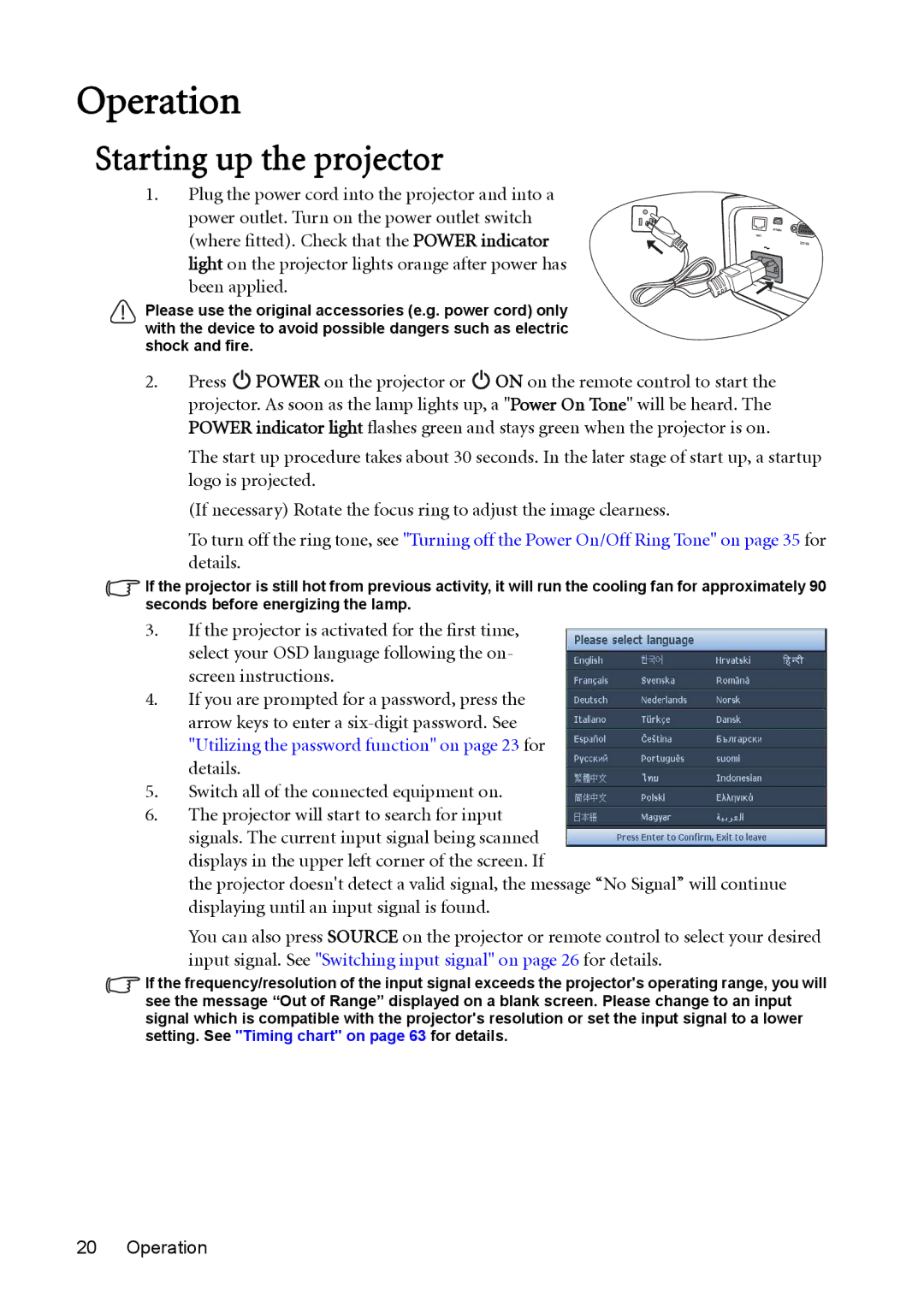 BenQ MW851UST, MX850UST user manual Operation, Starting up the projector 