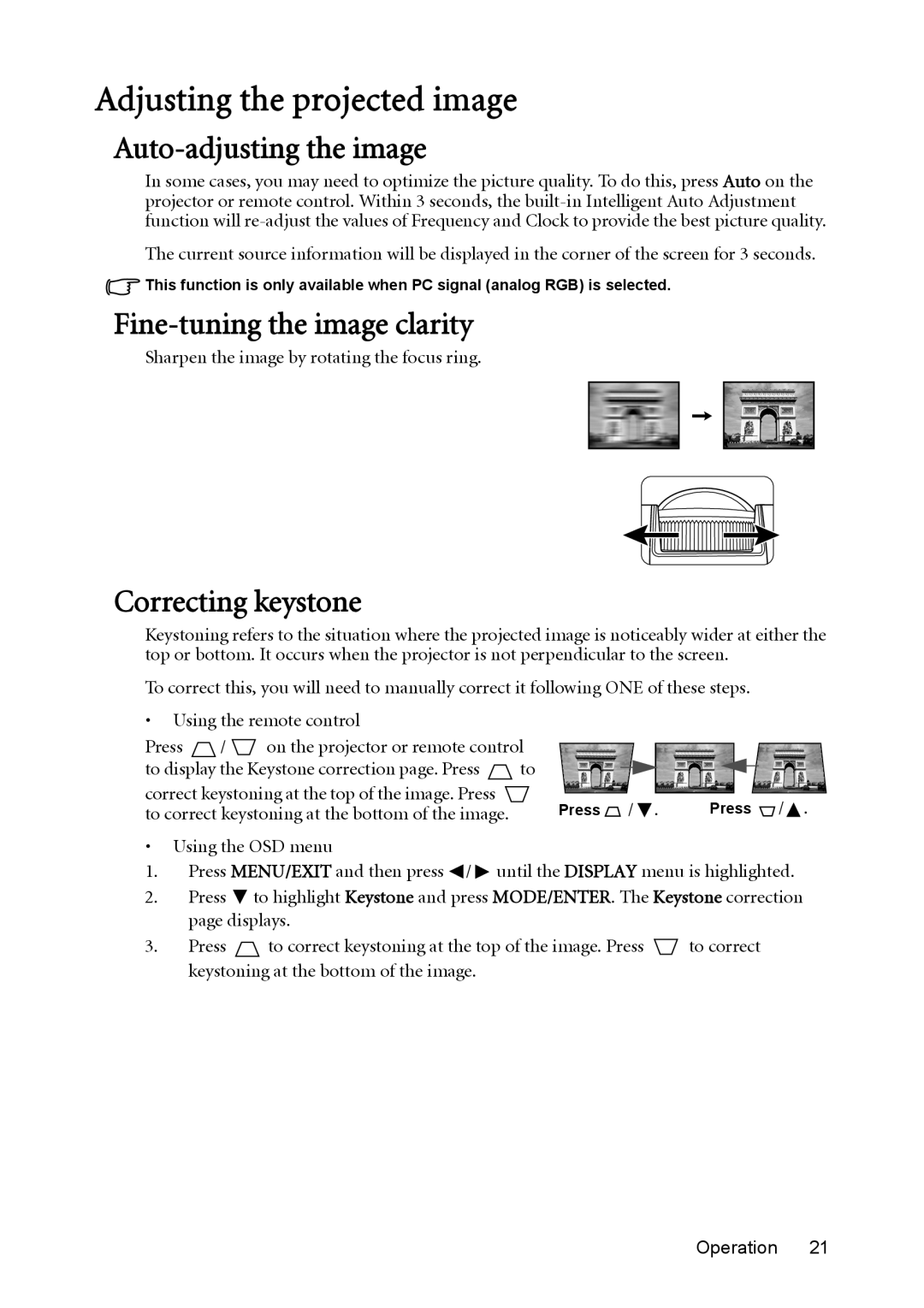 BenQ MX850UST Adjusting the projected image, Auto-adjusting the image, Fine-tuning the image clarity, Correcting keystone 