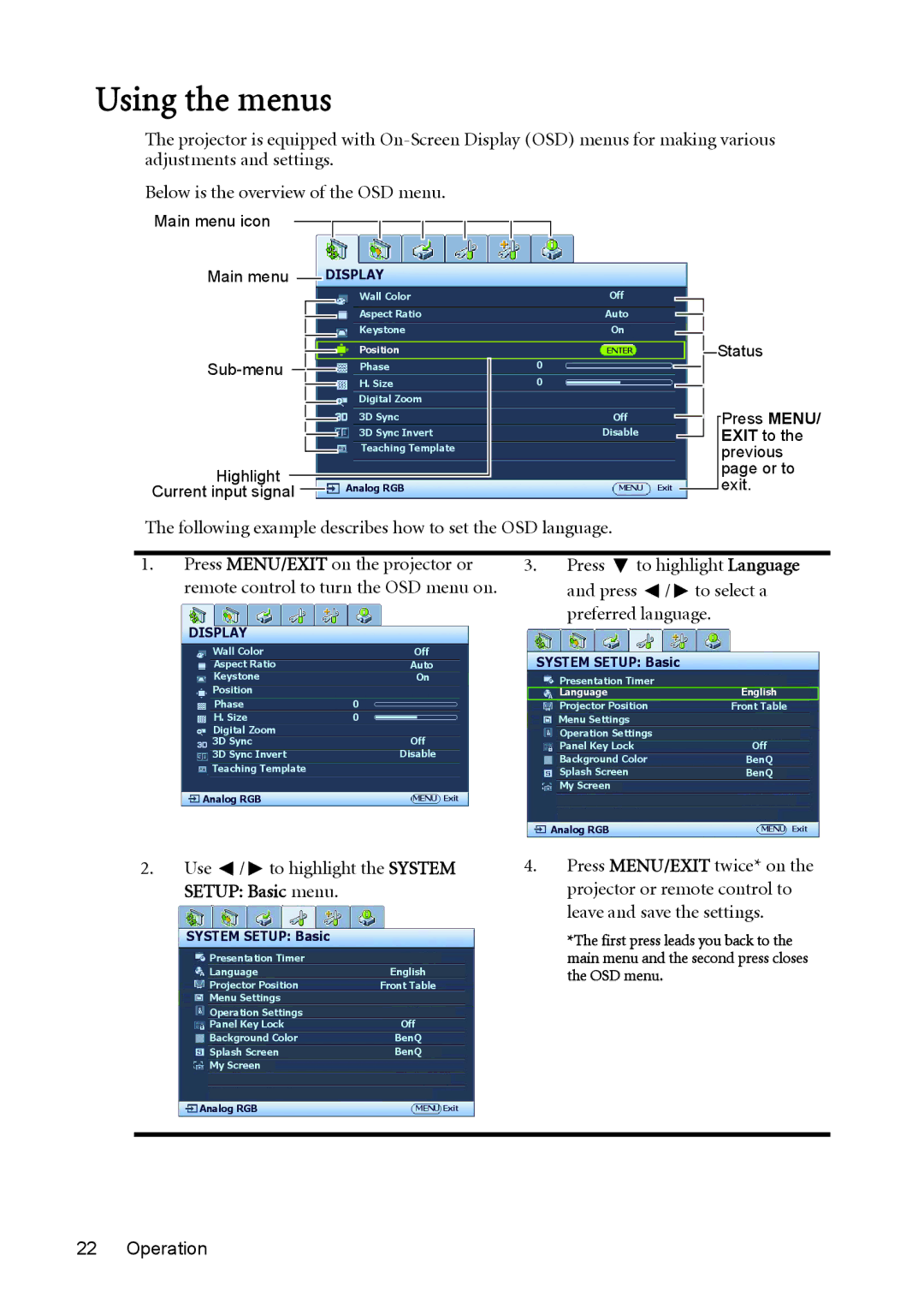 BenQ MW851UST, MX850UST user manual Using the menus, Following example describes how to set the OSD language 