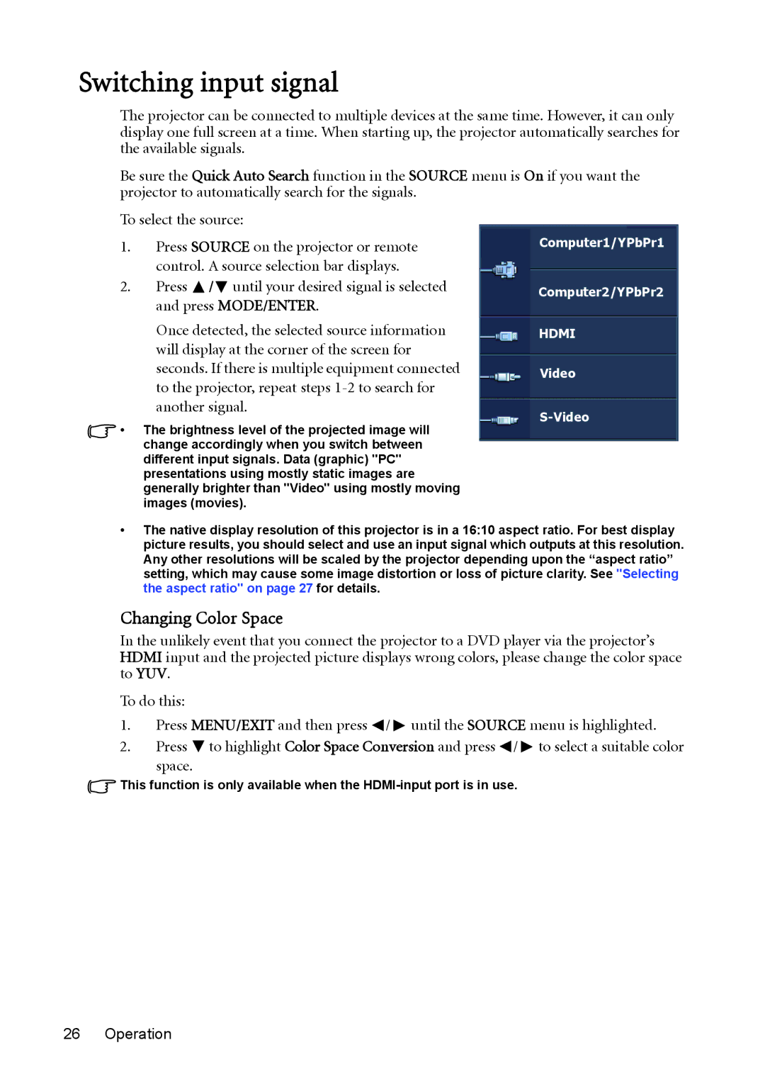 BenQ MW851UST, MX850UST user manual Switching input signal, Changing Color Space 