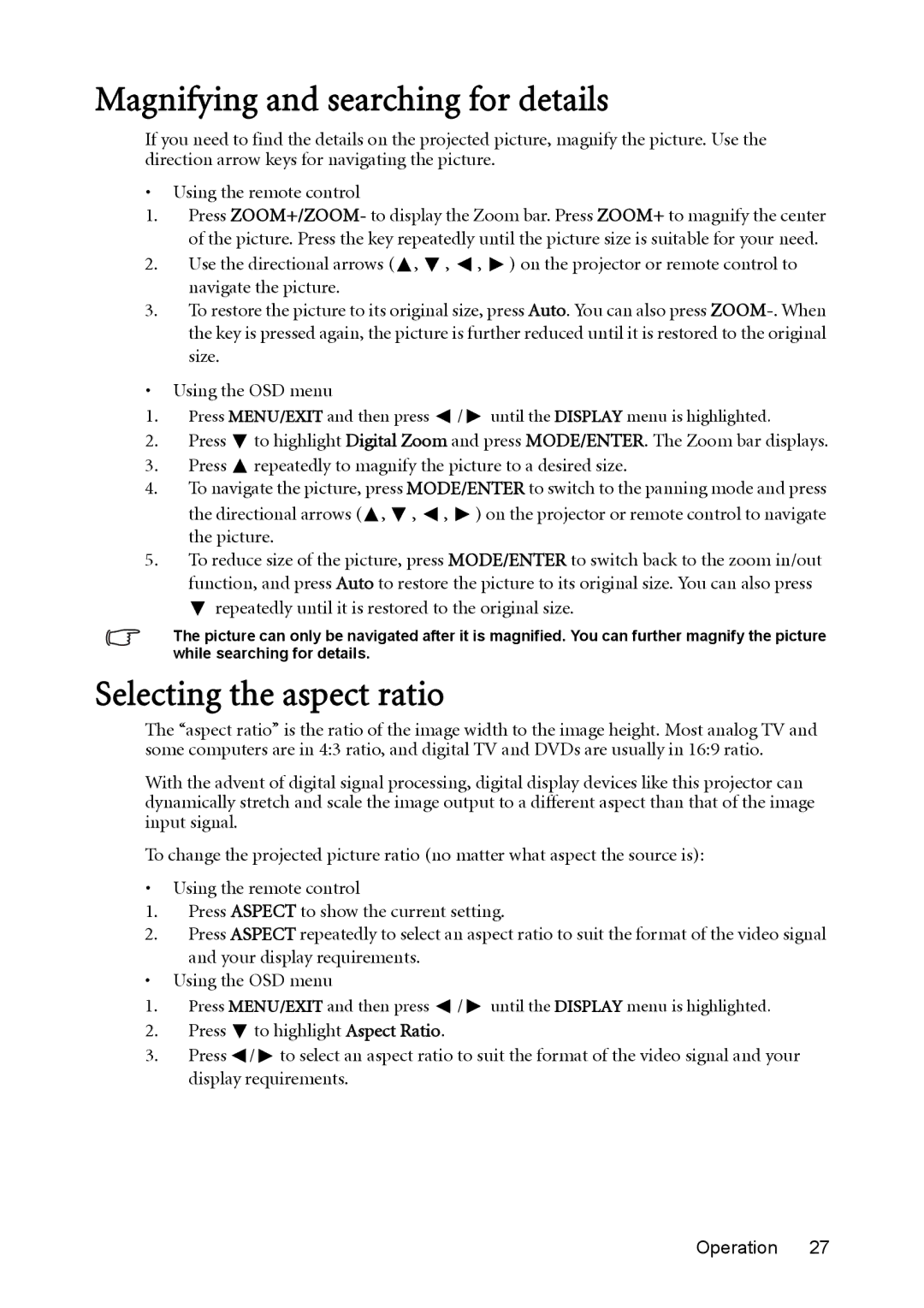 BenQ MX850UST, MW851UST user manual Magnifying and searching for details, Selecting the aspect ratio 