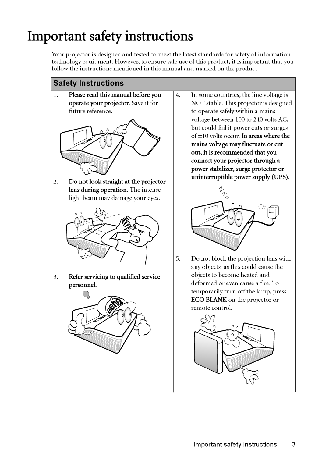 BenQ MX850UST, MW851UST Important safety instructions, Safety Instructions, Refer servicing to qualified service personnel 