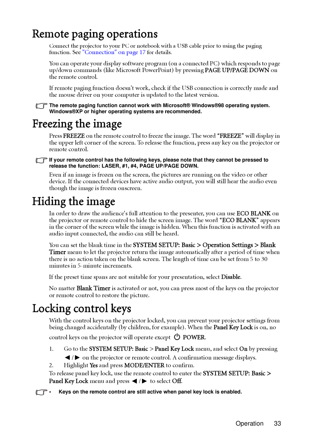 BenQ MX850UST, MW851UST user manual Remote paging operations, Freezing the image, Hiding the image, Locking control keys 