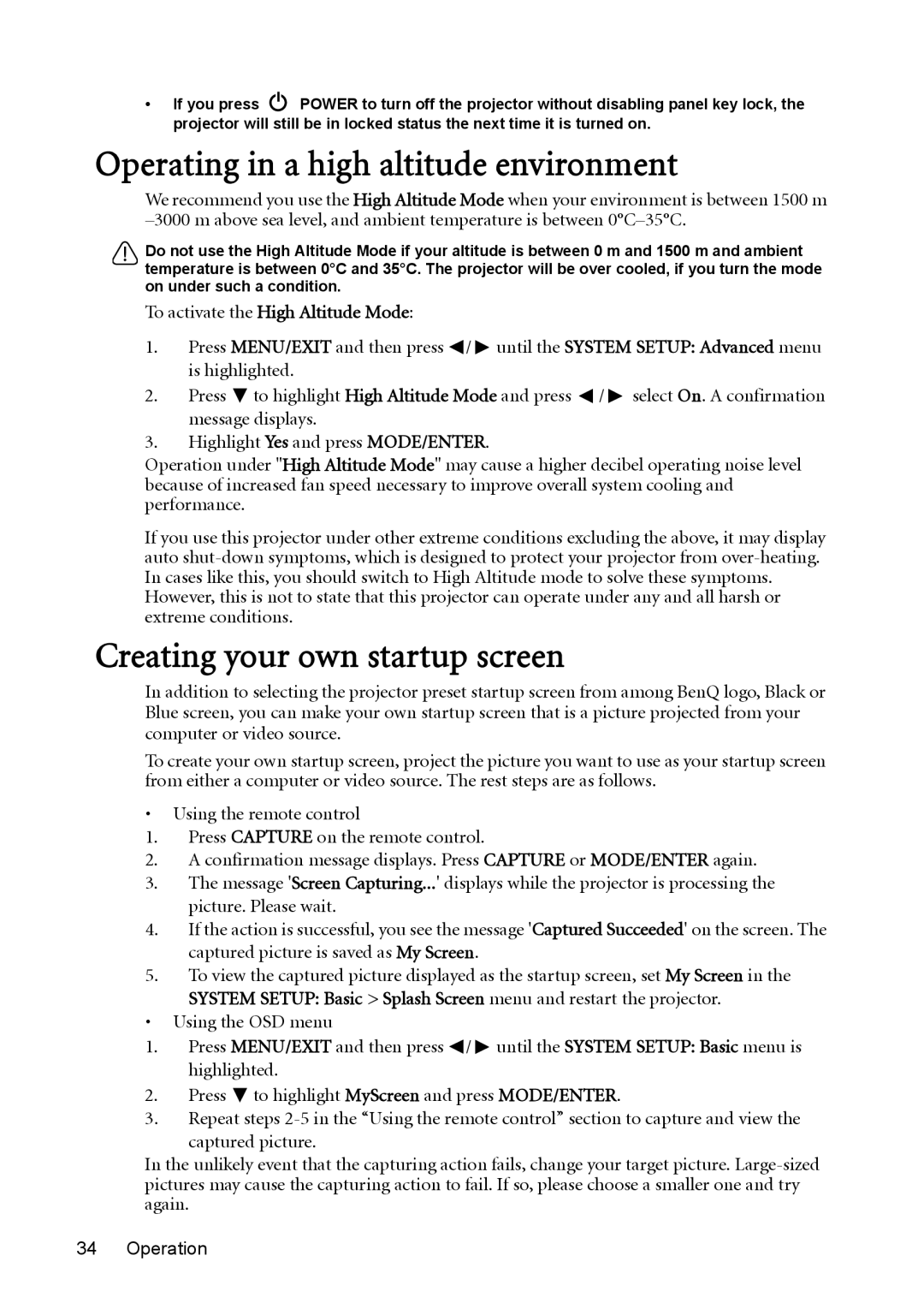 BenQ MW851UST, MX850UST user manual Operating in a high altitude environment, Creating your own startup screen 