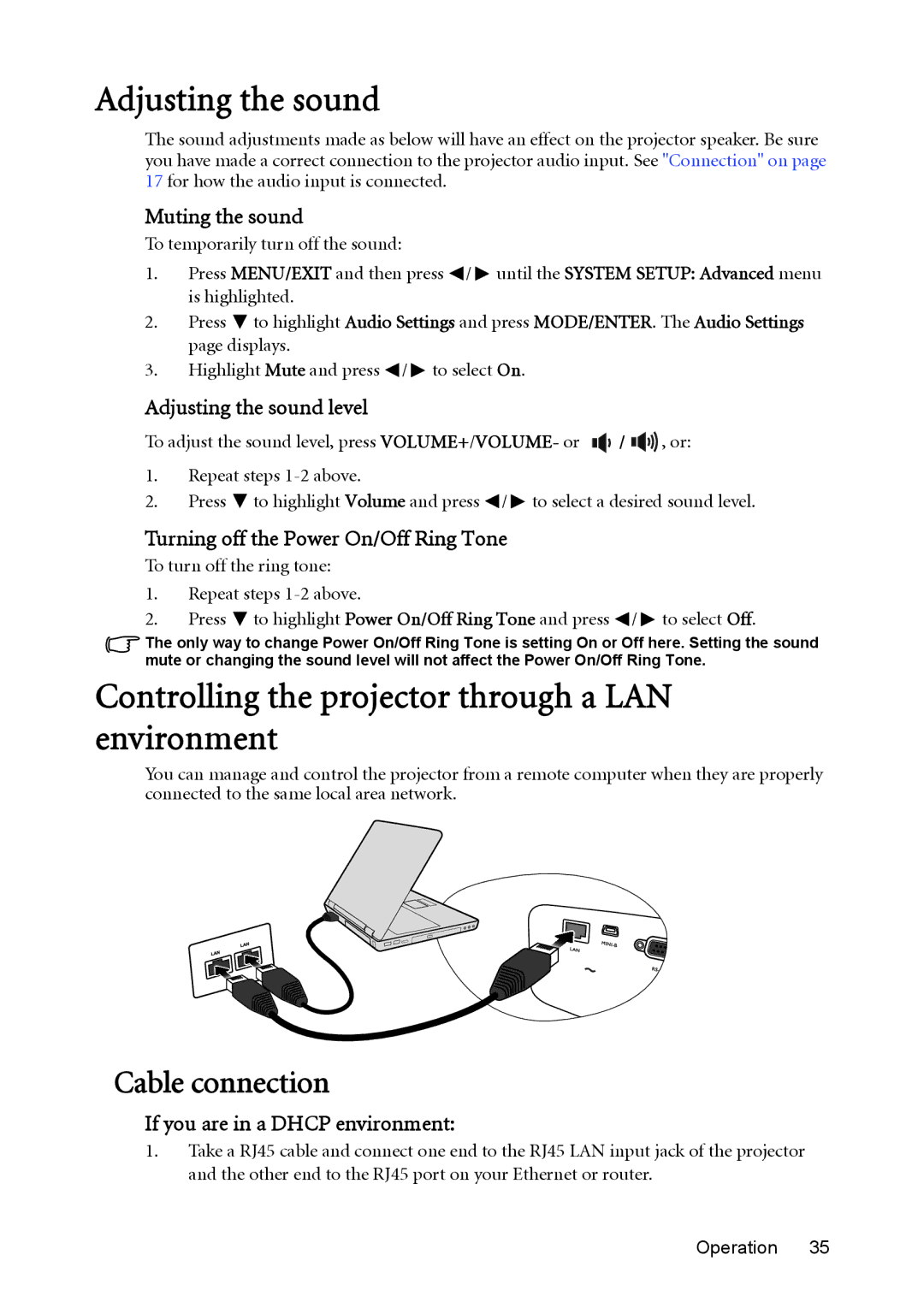 BenQ MX850UST, MW851UST Adjusting the sound, Controlling the projector through a LAN environment, Cable connection 