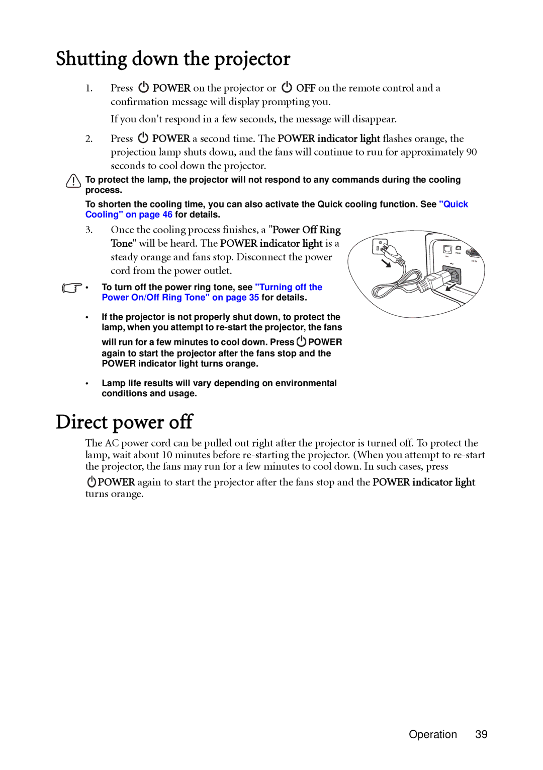 BenQ MX850UST, MW851UST user manual Shutting down the projector, Direct power off 