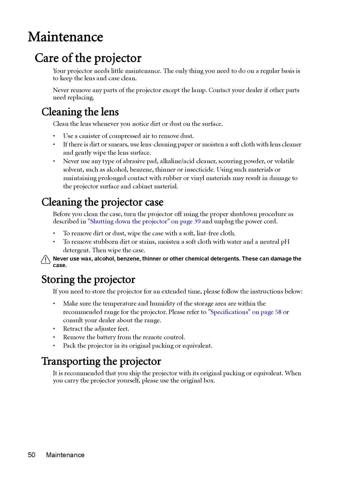 BenQ MW851UST, MX850UST user manual Maintenance, Care of the projector 