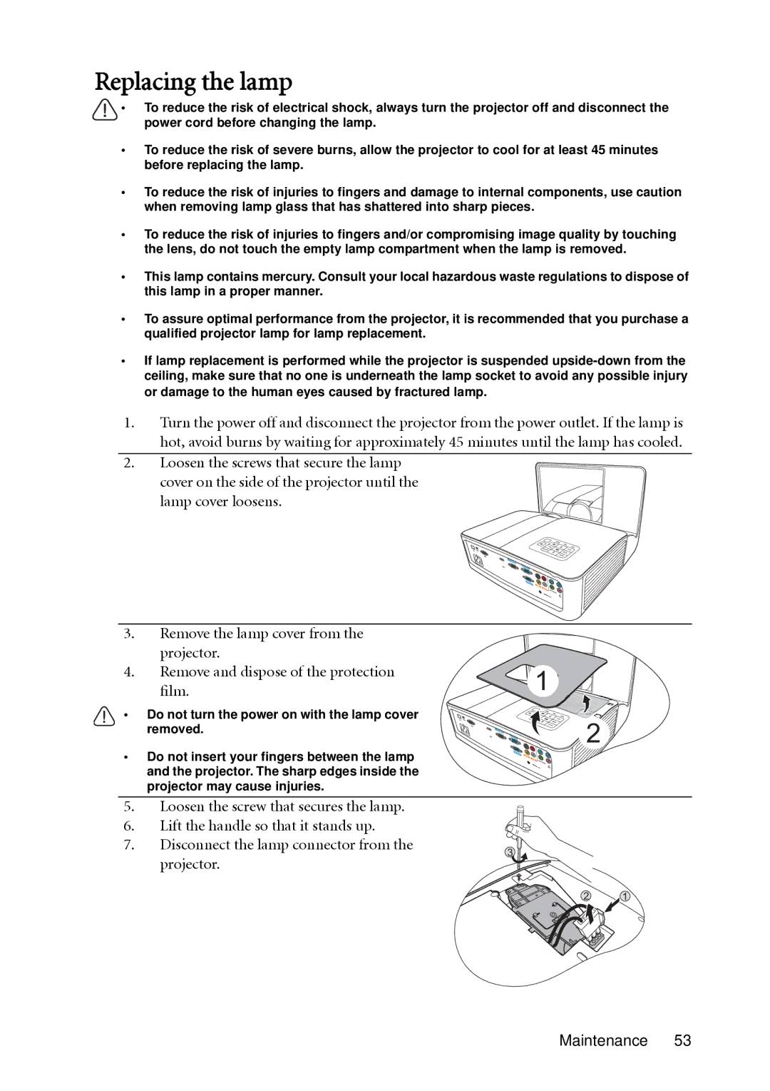 BenQ MX850UST, MW851UST user manual Replacing the lamp 