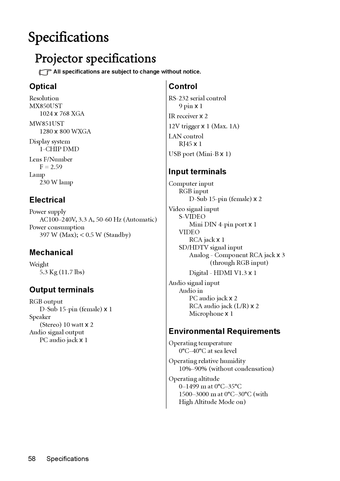 BenQ MW851UST, MX850UST user manual Specifications, Projector specifications 