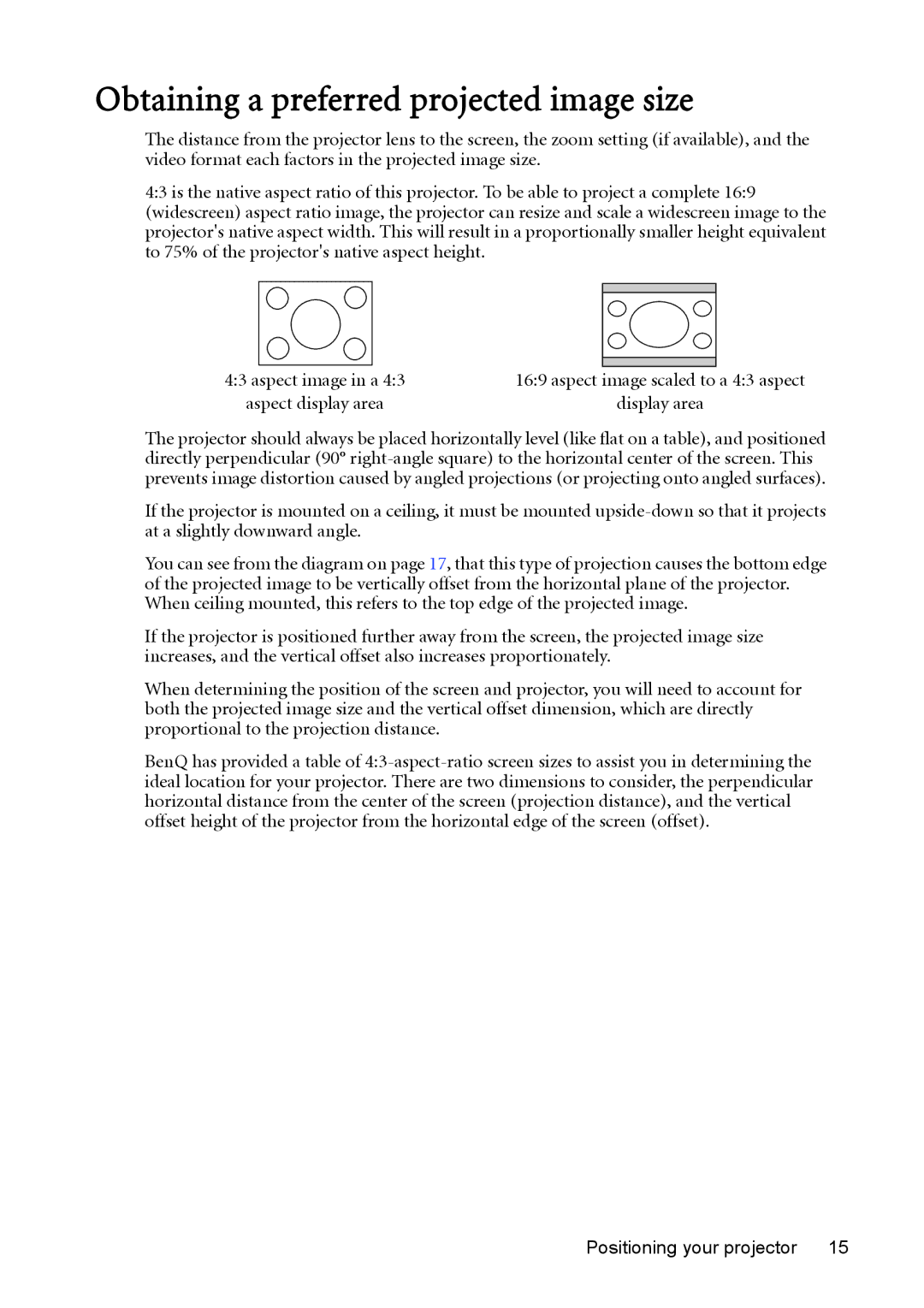 BenQ MX511 user manual Obtaining a preferred projected image size 