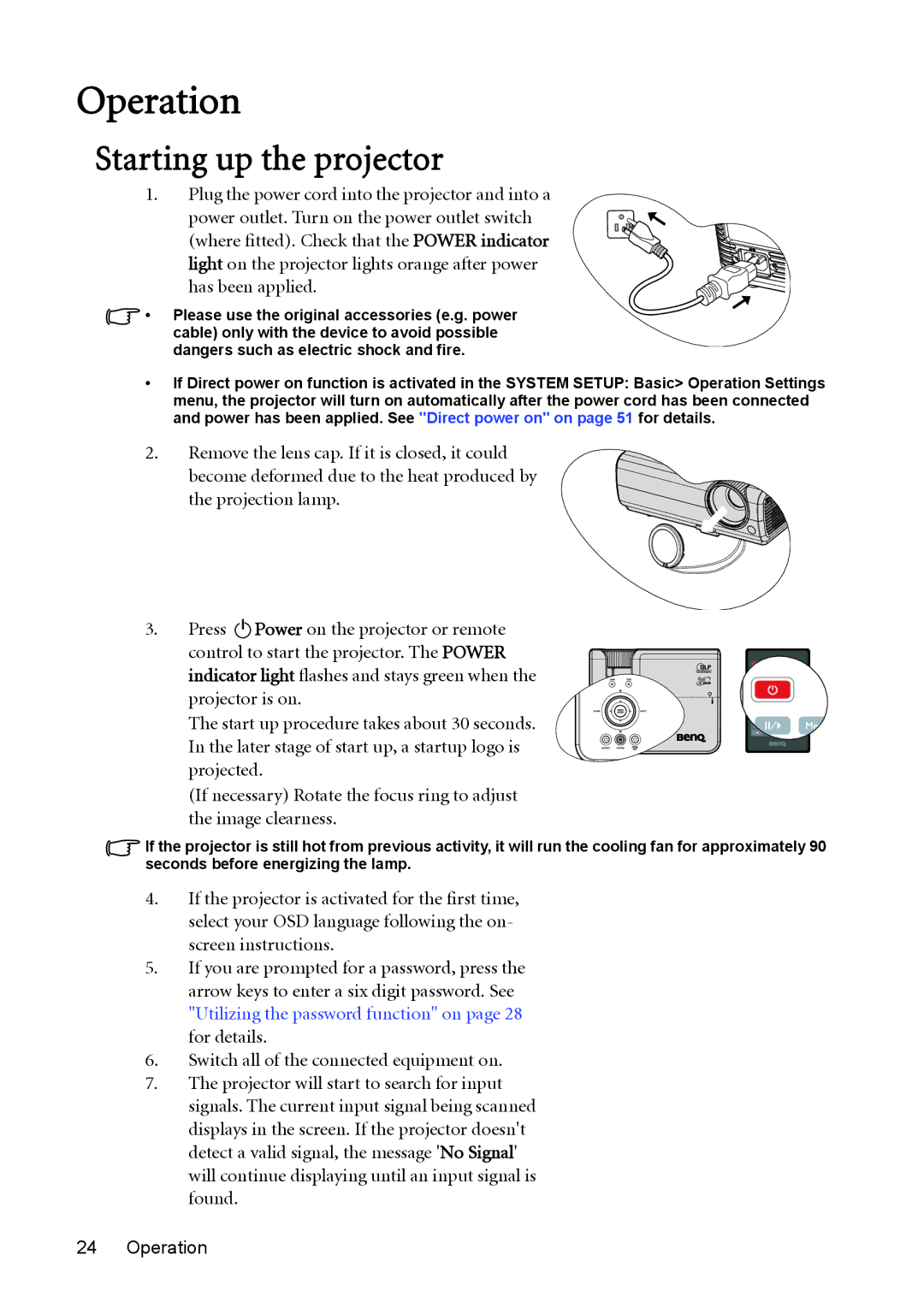 BenQ MX511 user manual Operation, Starting up the projector 