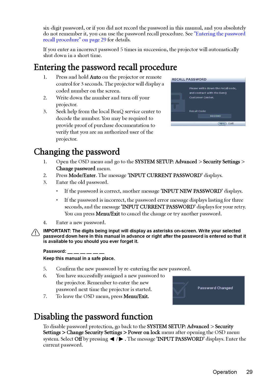 BenQ MX511 user manual Entering the password recall procedure, Changing the password, Disabling the password function 