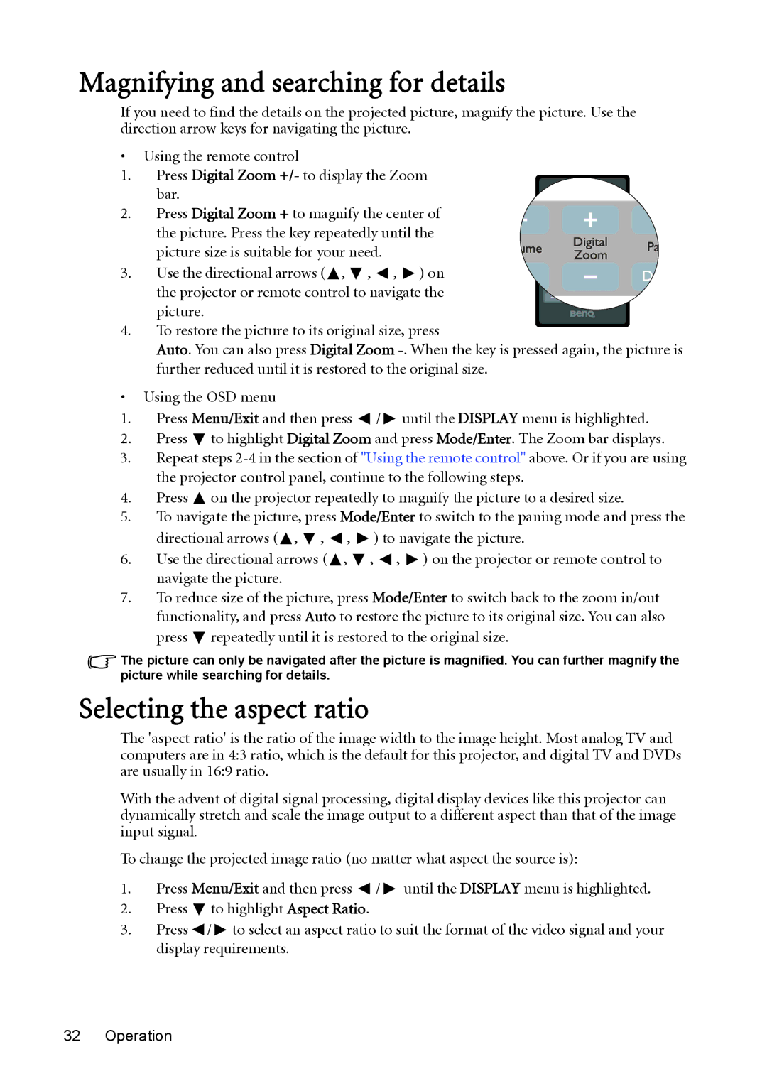 BenQ MX511 user manual Magnifying and searching for details, Selecting the aspect ratio 