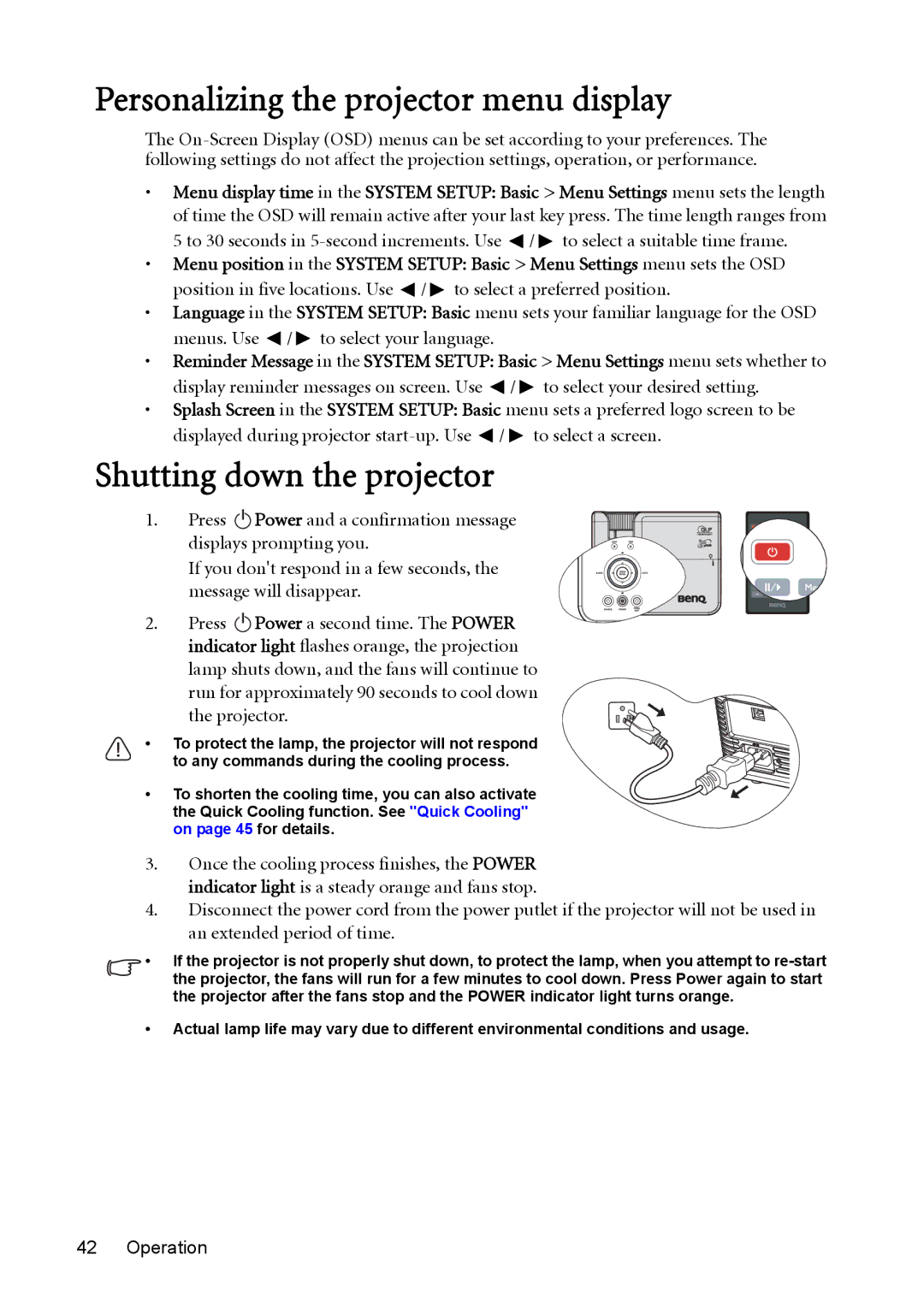 BenQ MX511 user manual Personalizing the projector menu display, Shutting down the projector 