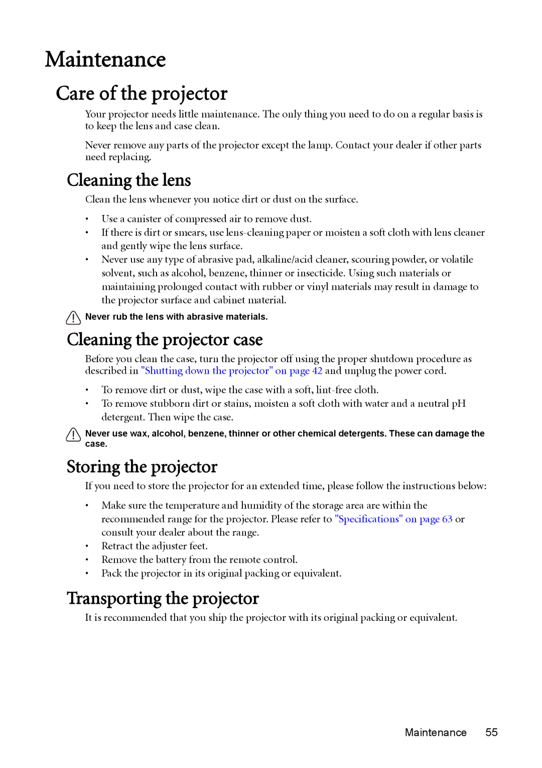 BenQ MX511 user manual Maintenance, Care of the projector 