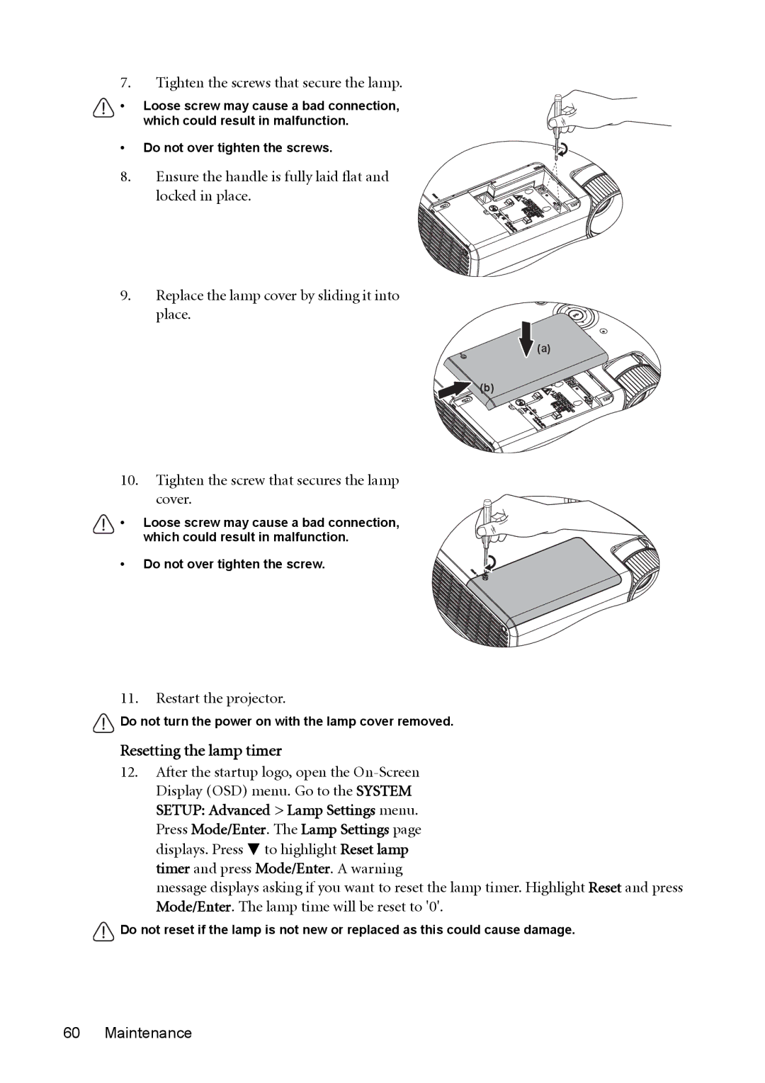 BenQ MX511 user manual Resetting the lamp timer, Tighten the screws that secure the lamp 