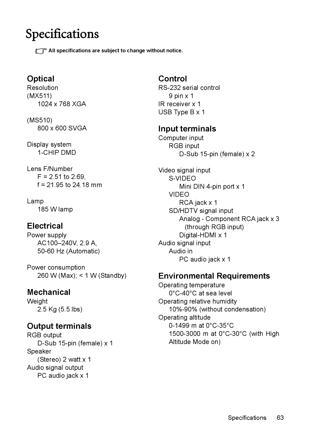 BenQ MX511 user manual Specifications, Optical 