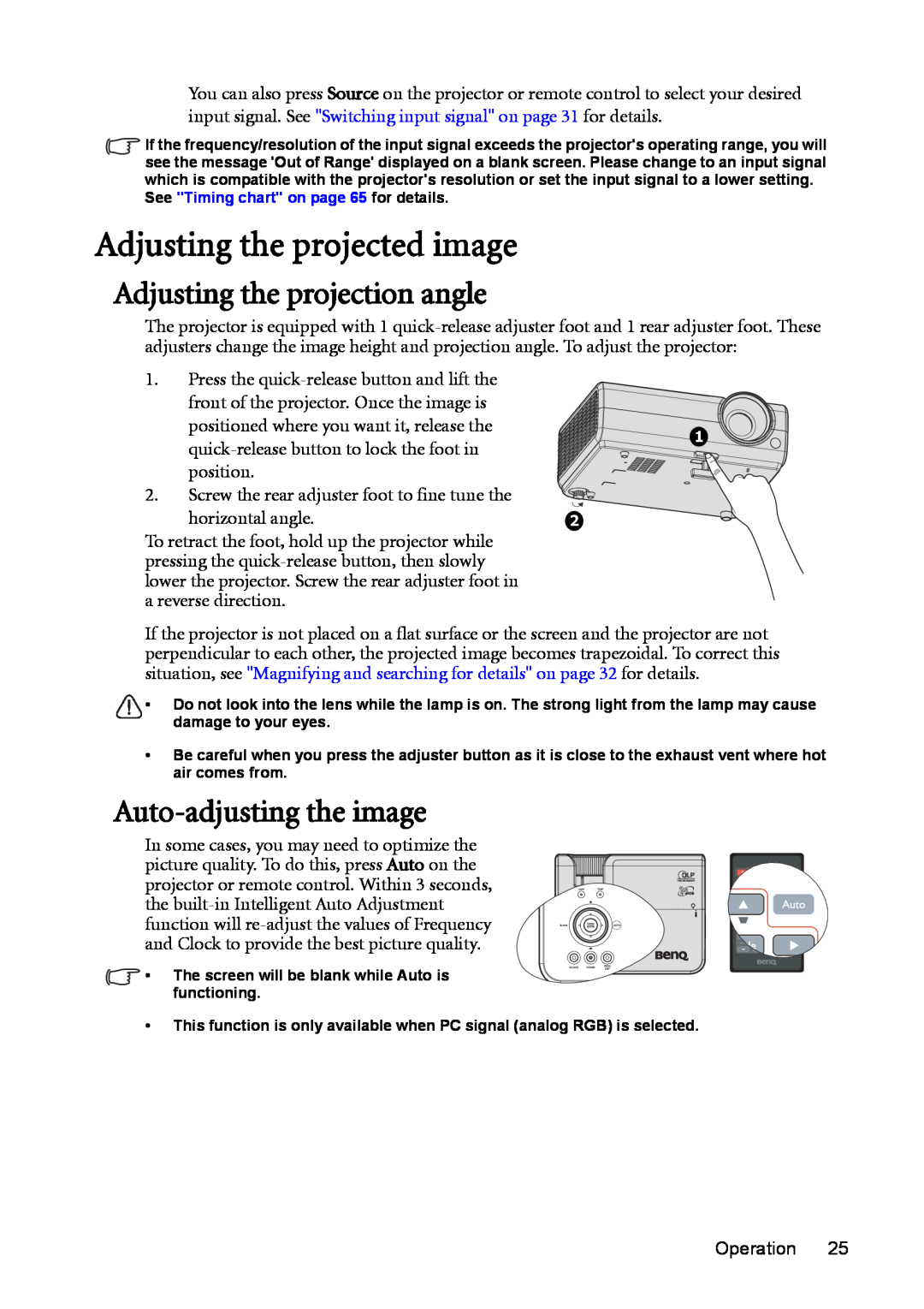 BenQ MX511 Adjusting the projected image, Adjusting the projection angle, Auto-adjusting the image, horizontal angle 