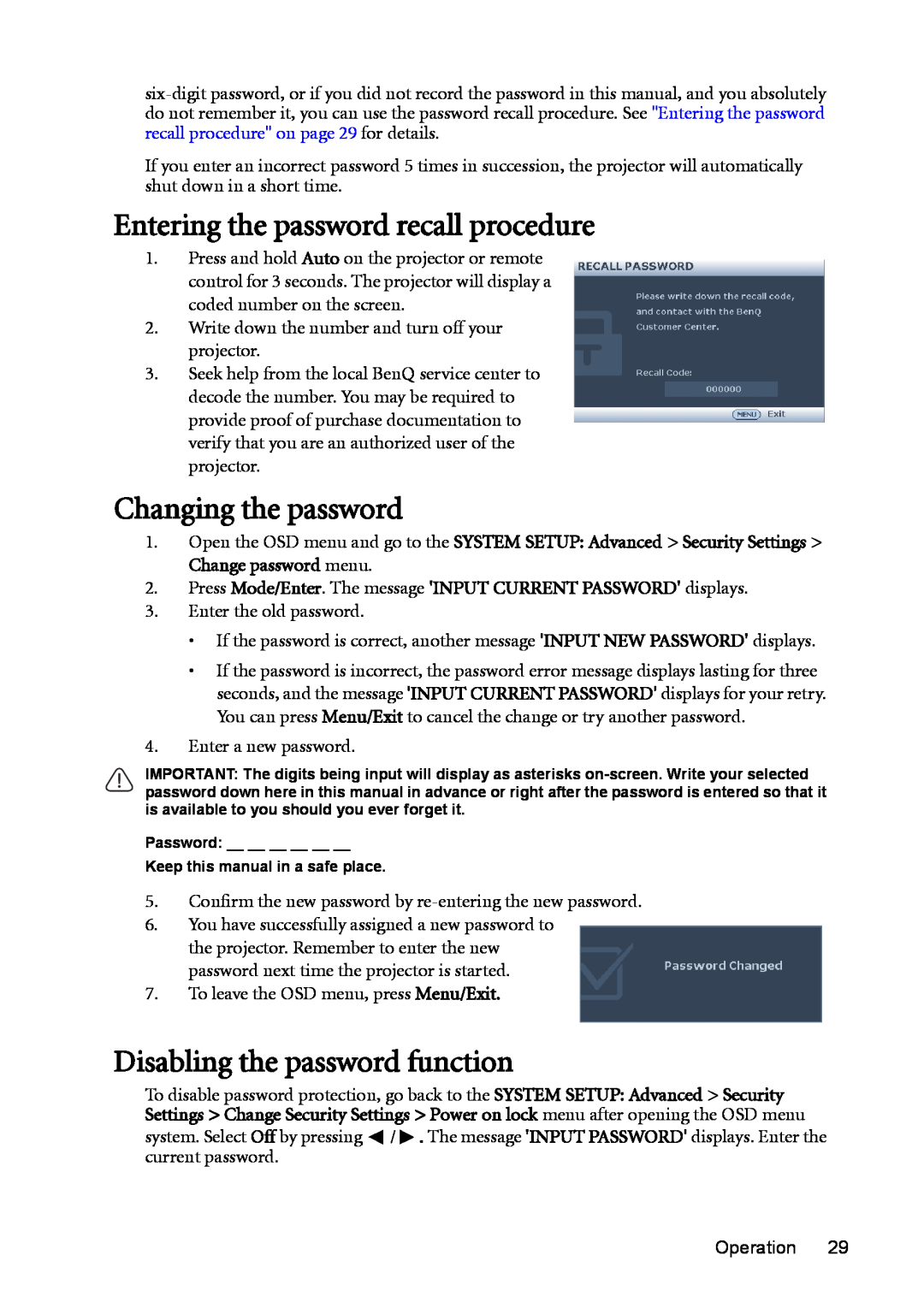 BenQ MX511 user manual Entering the password recall procedure, Changing the password, Disabling the password function 
