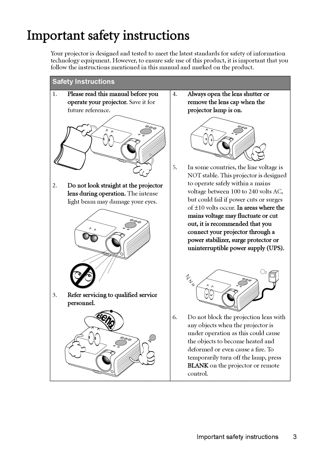 BenQ MX511 Important safety instructions, Safety Instructions, operate your projector. Save it for, future reference 