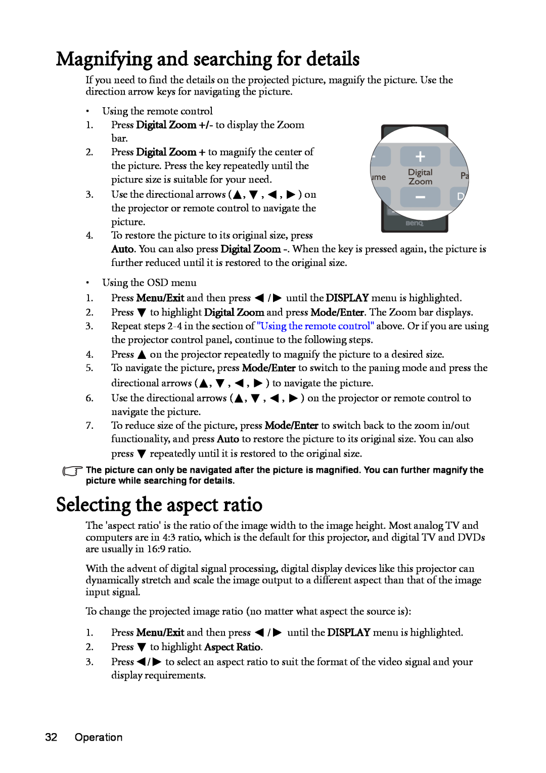 BenQ MX511 user manual Magnifying and searching for details, Selecting the aspect ratio, Operation 