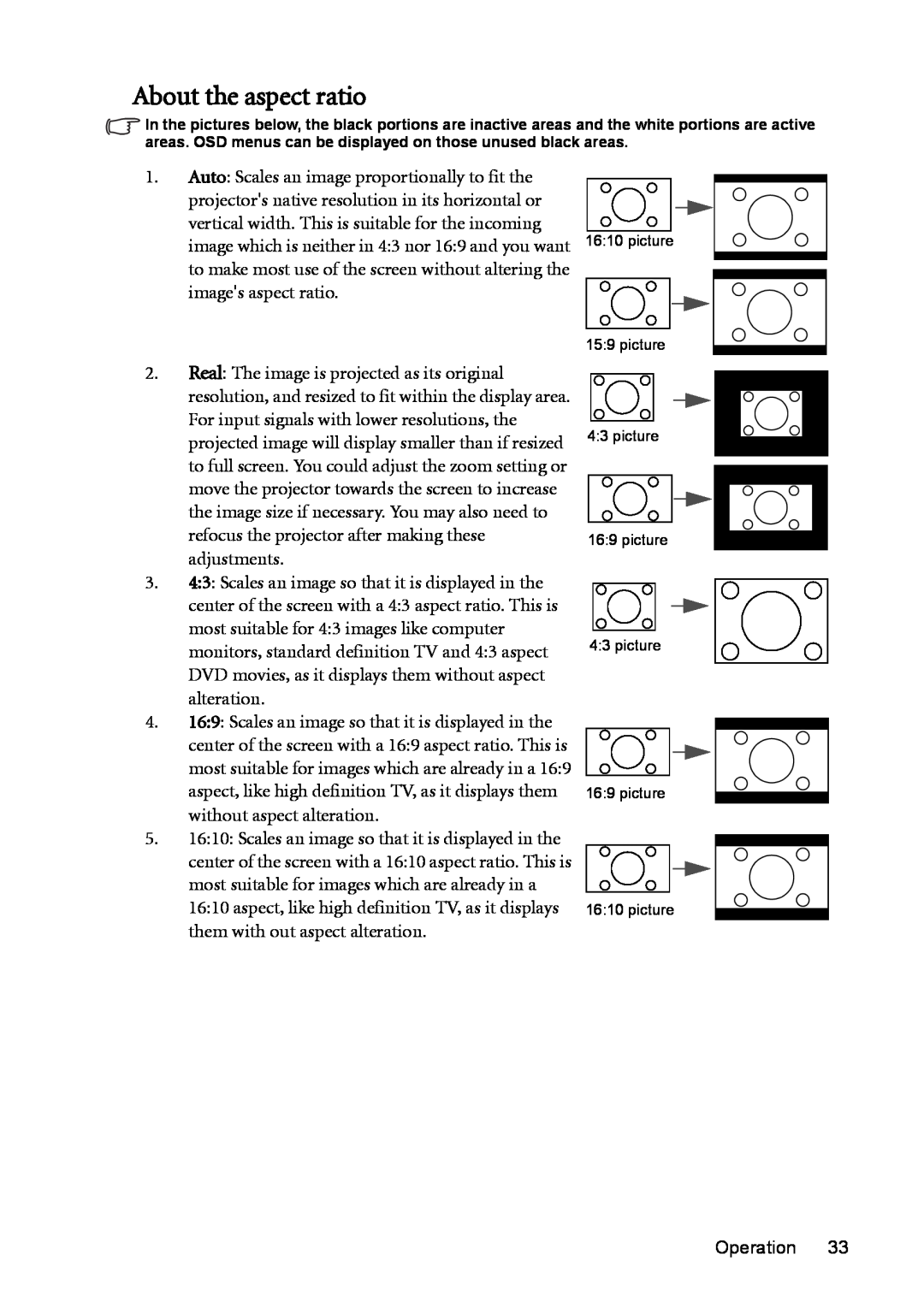 BenQ MX511 user manual About the aspect ratio 