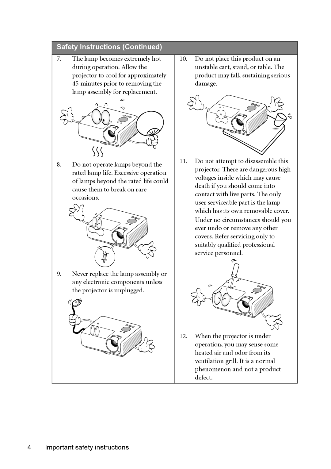 BenQ MX511 user manual Safety Instructions Continued, Important safety instructions 