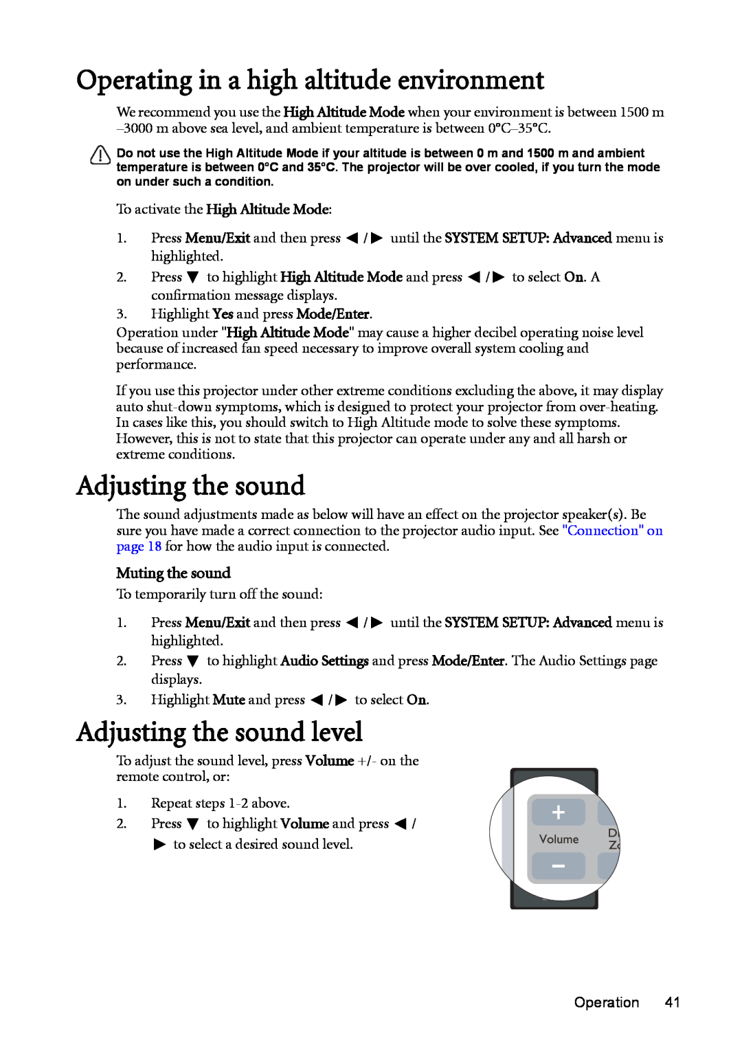 BenQ MX511 user manual Operating in a high altitude environment, Adjusting the sound level, Muting the sound 