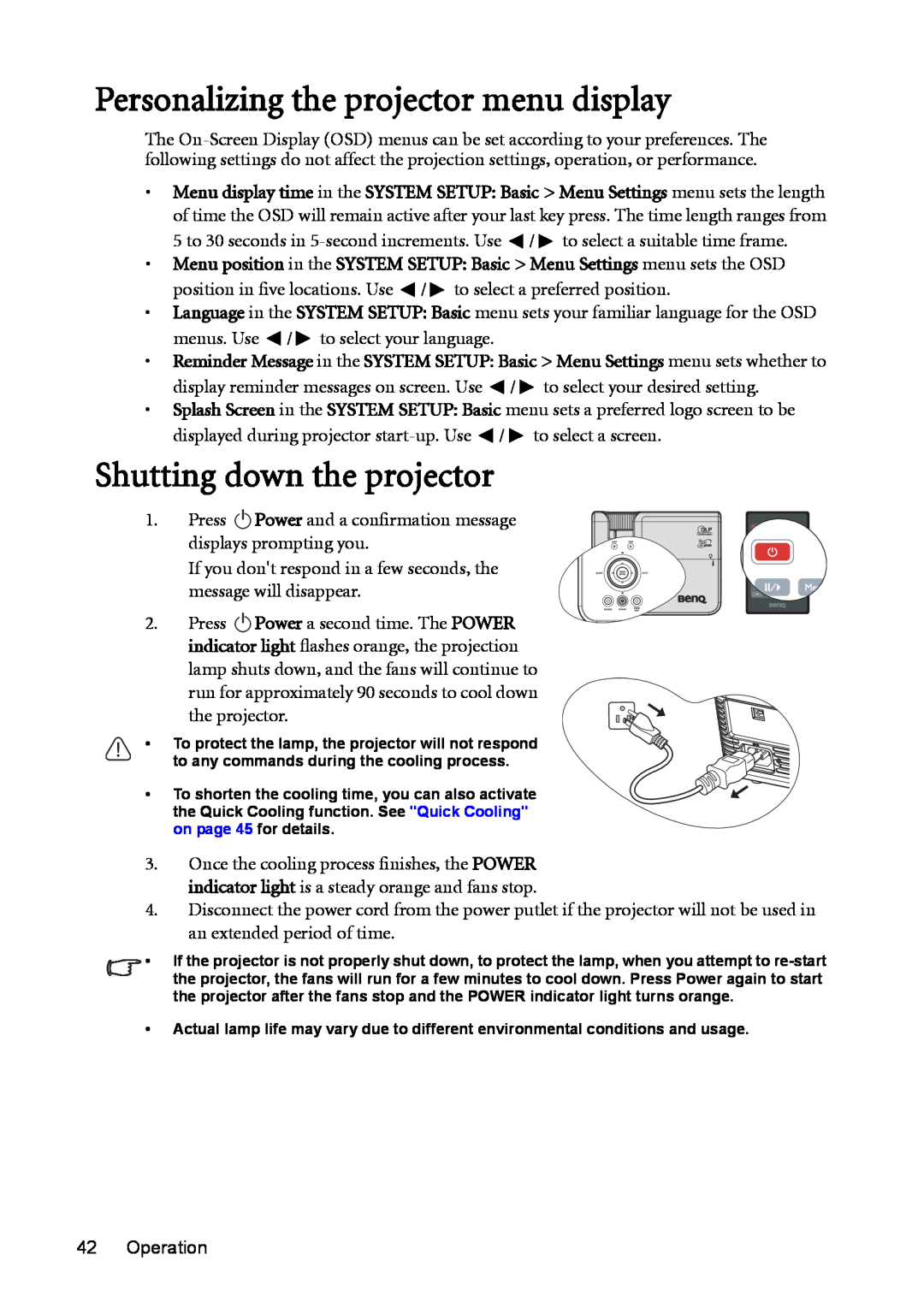 BenQ MX511 user manual Personalizing the projector menu display, Shutting down the projector 
