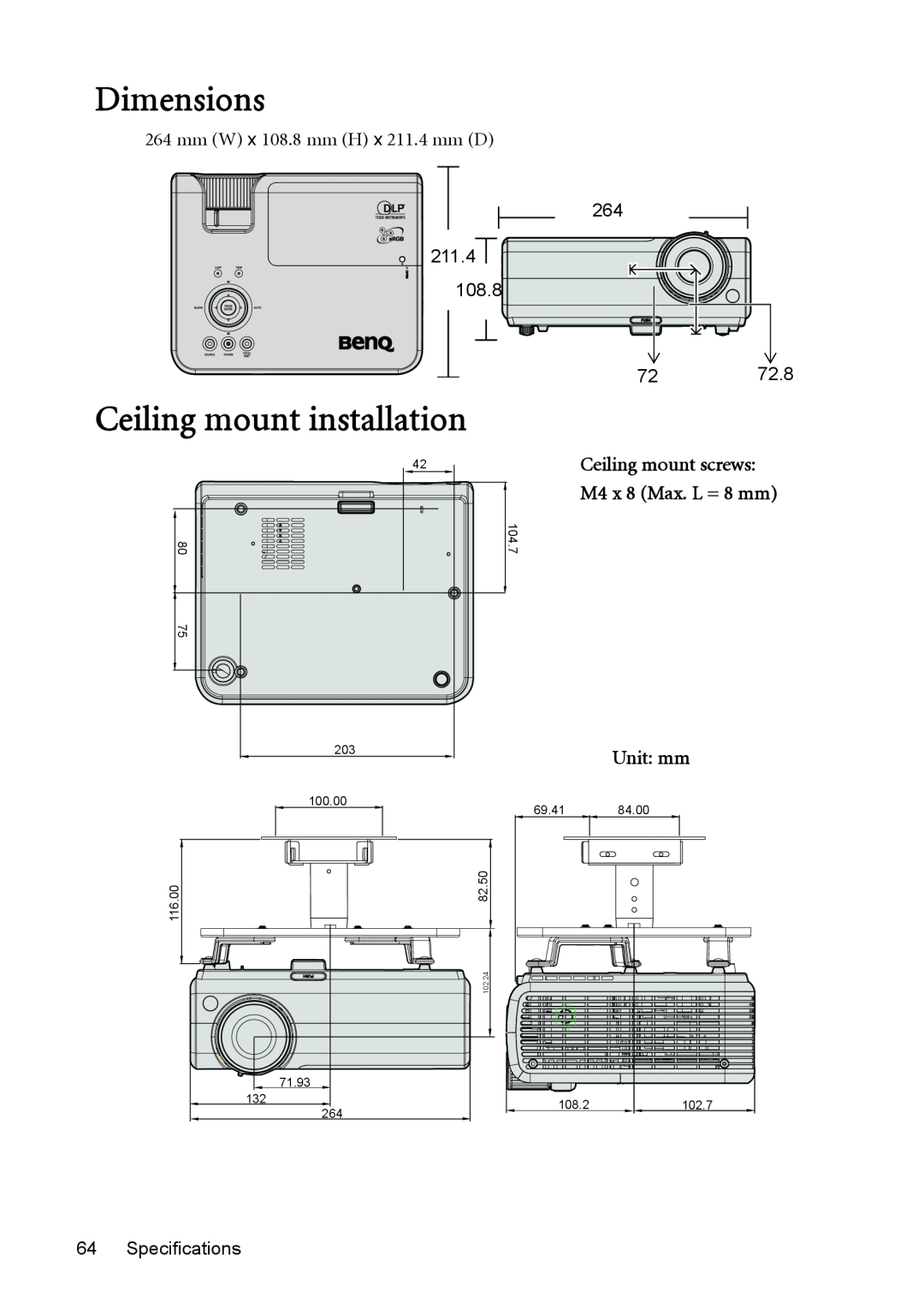 BenQ MX511 user manual Dimensions, Ceiling mount installation, Ceiling mount screws, Unit mm 