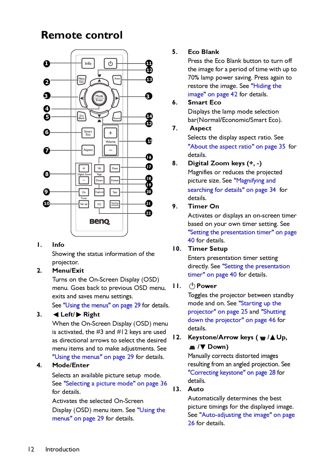 BenQ MX514, MW516 user manual Remote control 