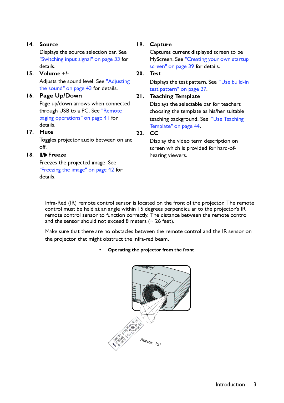 BenQ MW516, MX514 user manual Source, Volume +, Mute, Freeze, Capture, Test, Teaching Template, 22. CC 