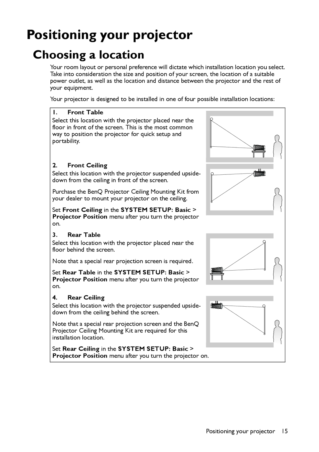 BenQ MW516, MX514 user manual Positioning your projector, Choosing a location, Front Table, Front Ceiling 