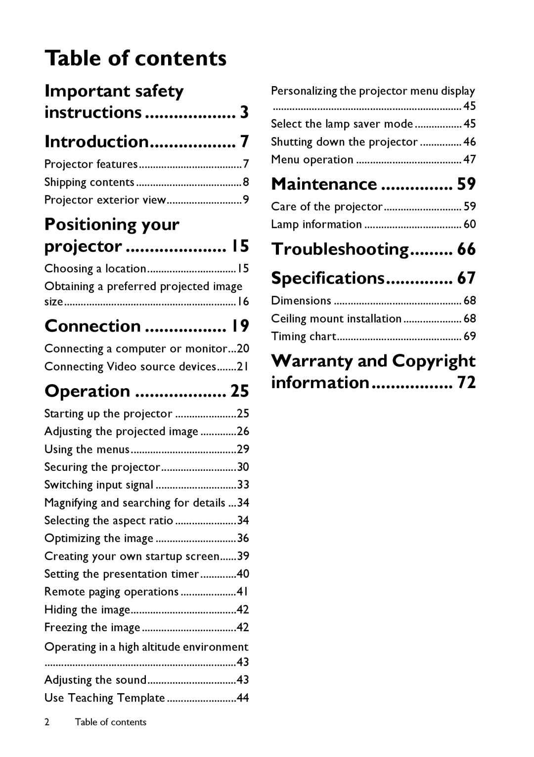 BenQ MX514, MW516 user manual Table of contents 