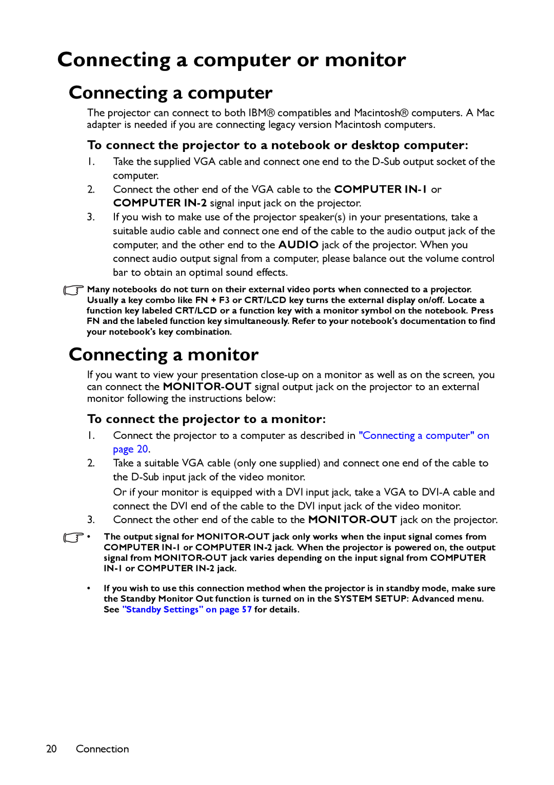 BenQ MX514, MW516 user manual Connecting a computer or monitor, Connecting a monitor, To connect the projector to a monitor 