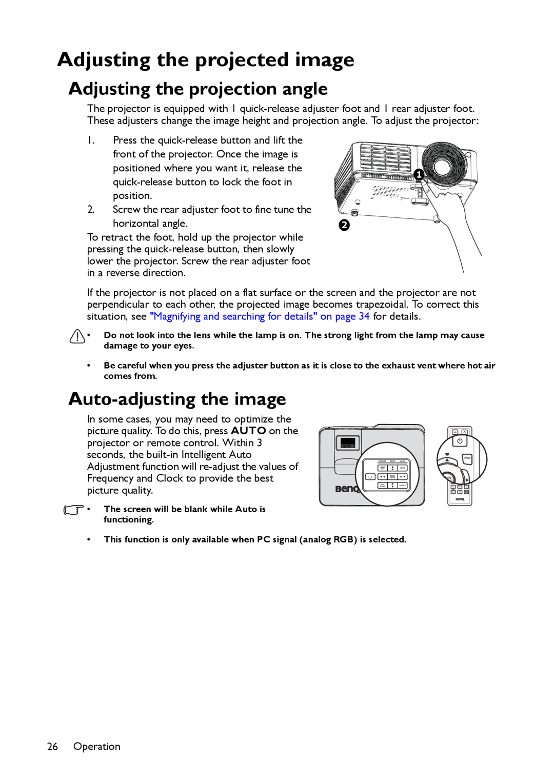 BenQ MX514, MW516 user manual Adjusting the projected image, Adjusting the projection angle, Auto-adjusting the image 