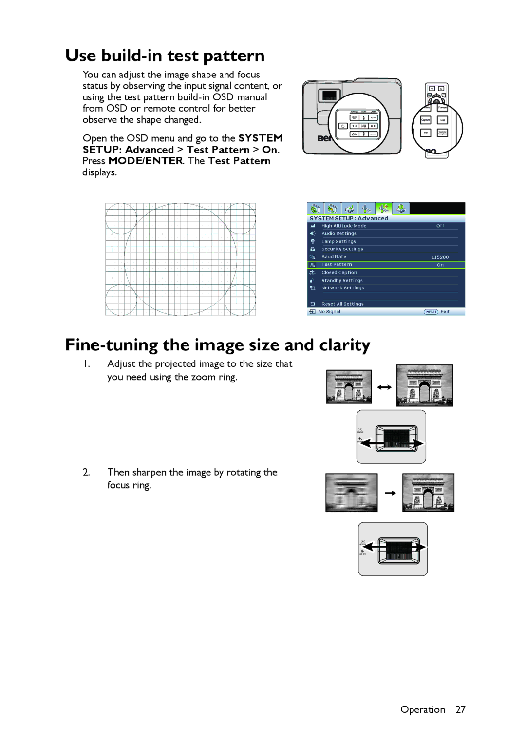 BenQ MW516, MX514 user manual Use build-in test pattern, Fine-tuning the image size and clarity 