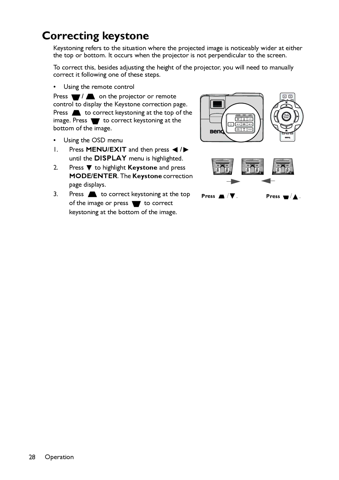 BenQ MX514, MW516 user manual Correcting keystone 