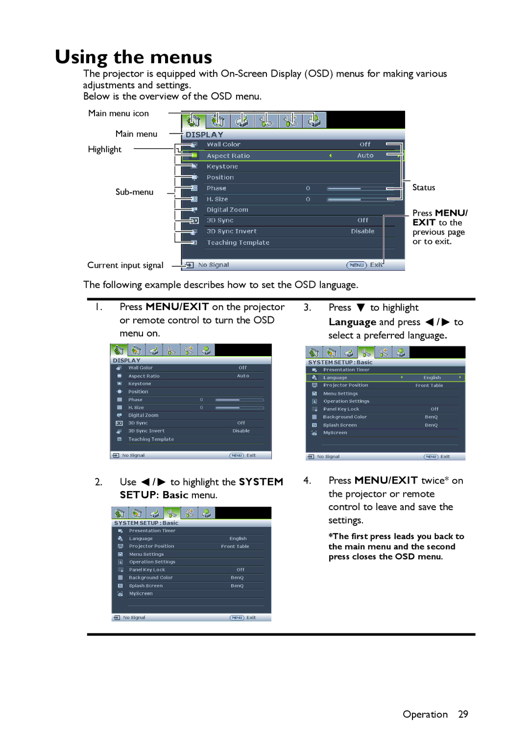 BenQ MW516, MX514 user manual Using the menus 