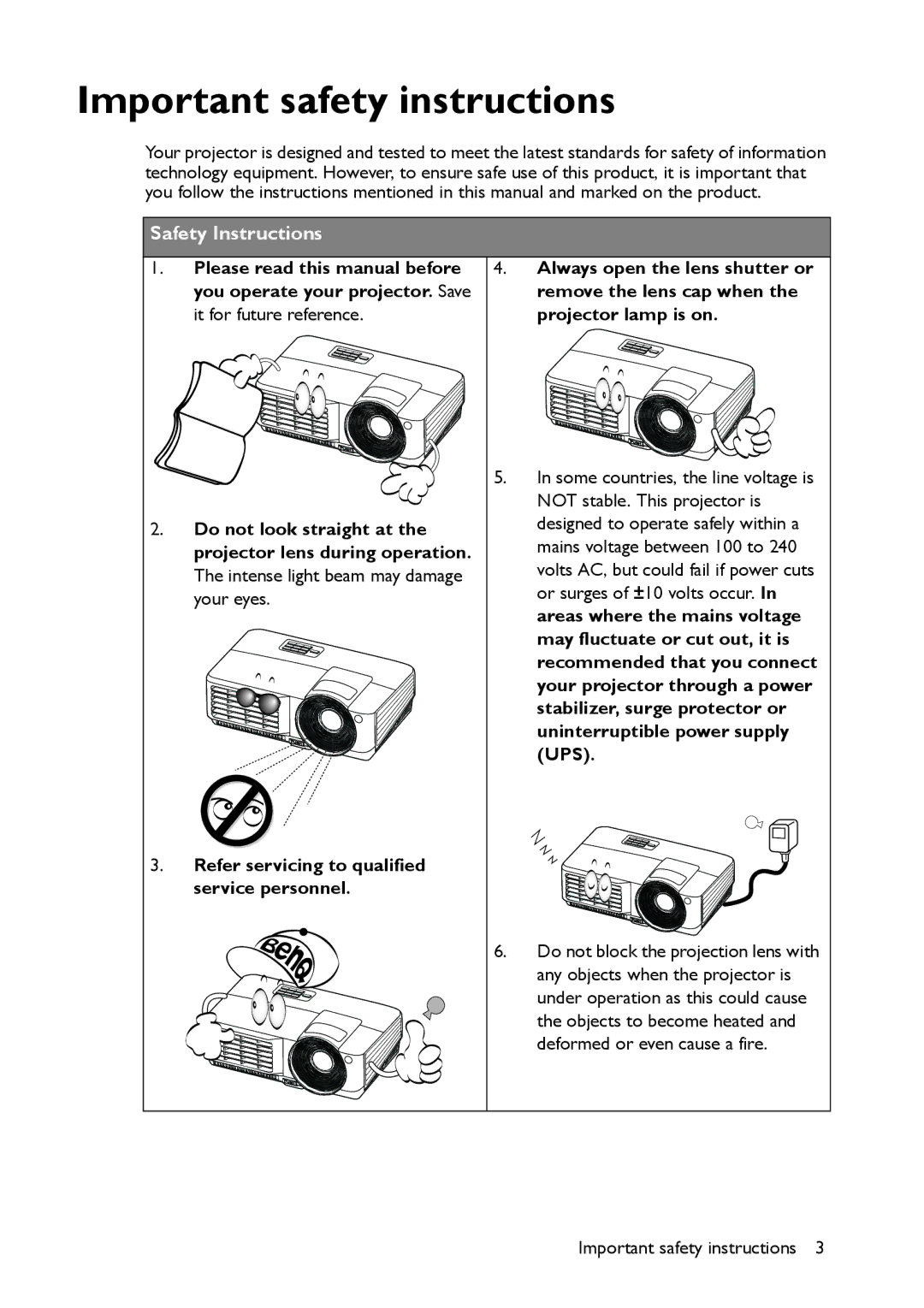 BenQ MW516, MX514 user manual Important safety instructions 